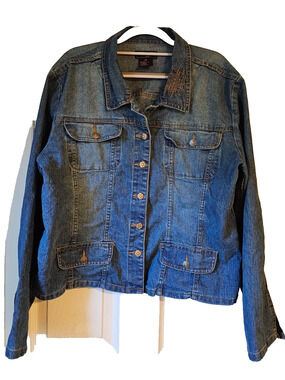 What's Hot Denim Jacket Floral Studded Embellished Back Blue Jean Coat Women 2X